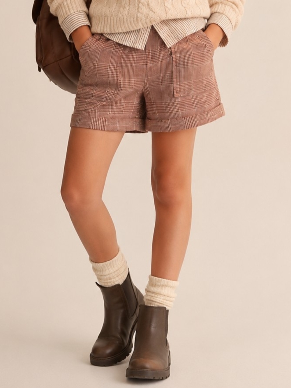 Wonder Nation Plaid High-Waist Shorts Brown Size L 10-12 Prep Academic Retro